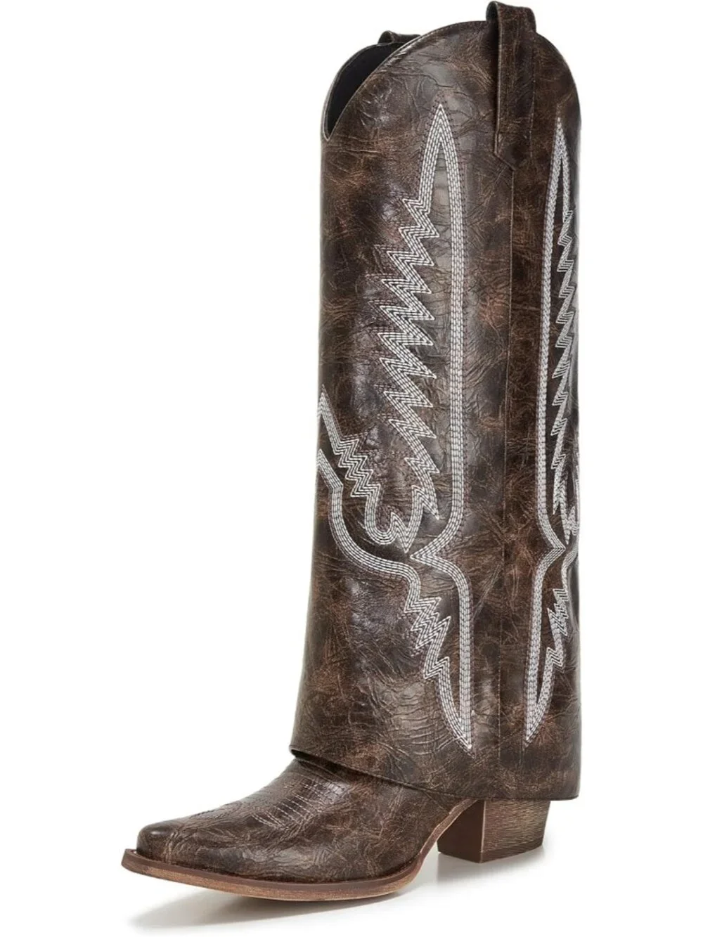 Women's Brown 1 Pointed Toe Wedge Heel Side Zipper Knee High Shark Boots